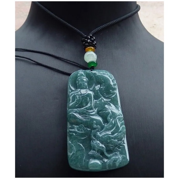 GRADE A Burmese Jadeite Jade Dragon & Kwan Yin Bodhisattva Hand Carved Pendant - Picture 9 of 12